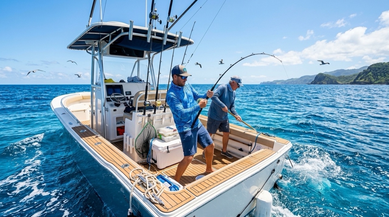 Two anglers fighting a fish with rods bent hard on a sport fishing boat