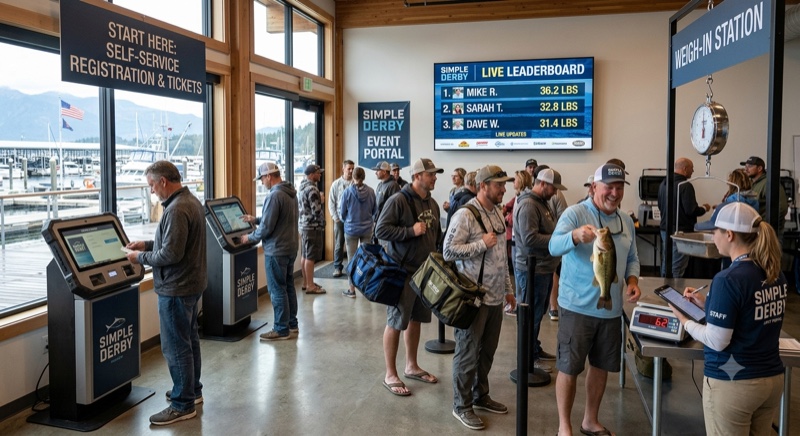 Simple Derby event portal — anglers self-registering at kiosks and checking in fish at a weigh-in station
