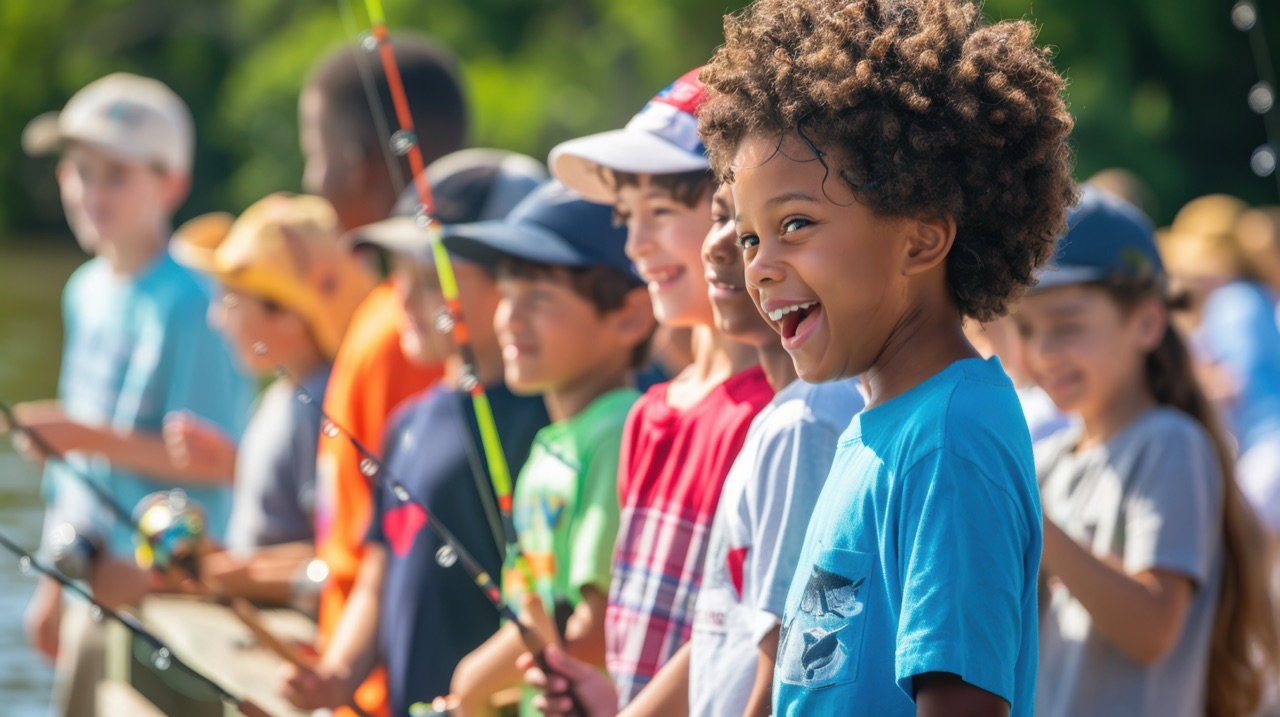 Line of children fishing together at an outdoor fishing derby event