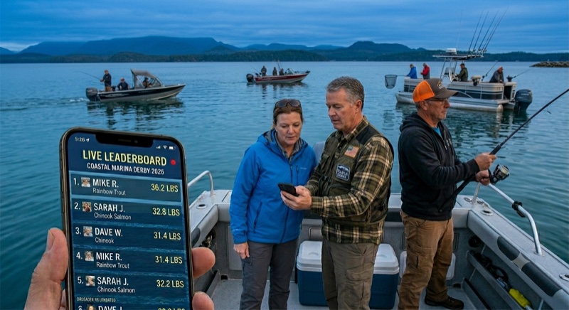 Anglers on a fishing derby boat viewing live leaderboard standings on a smartphone