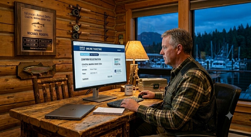 Derby organizer purchasing tickets online through the Simple Derby ticketing portal on a desktop computer