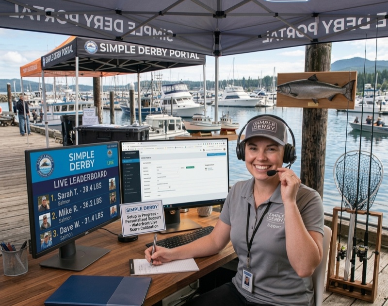 Simple Derby support specialist at a marina event tent with live leaderboard display and derby management software