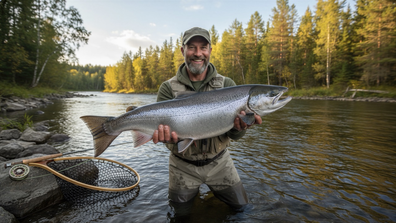 Angler holding a large salmon while wading a forest river at a fishing derby