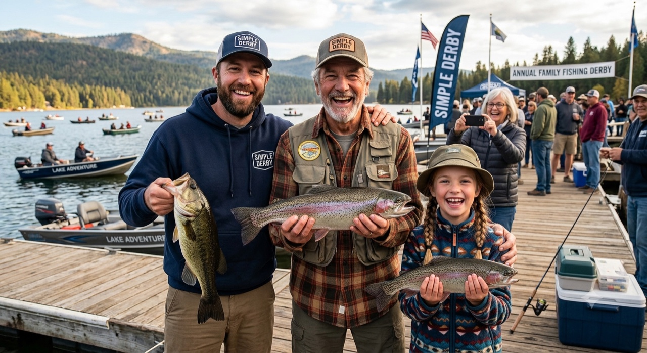 Three generations of family showing off their catches at a Simple Derby annual fishing event