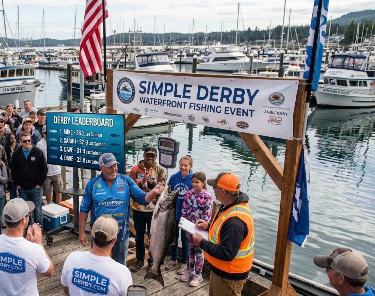 Crowd gathered at a Simple Derby waterfront weigh-in event with leaderboard and officials on the dock