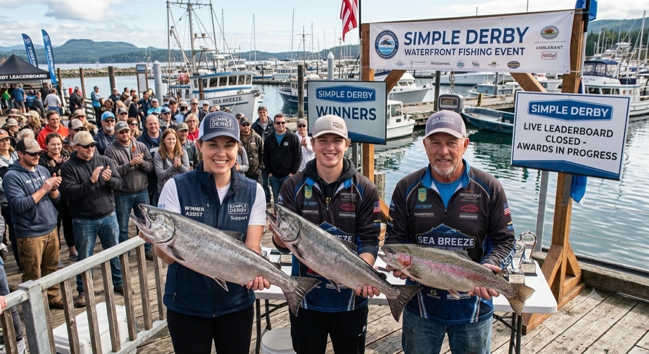 Simple Derby winners podium — three anglers holding salmon at a waterfront fishing event awards ceremony